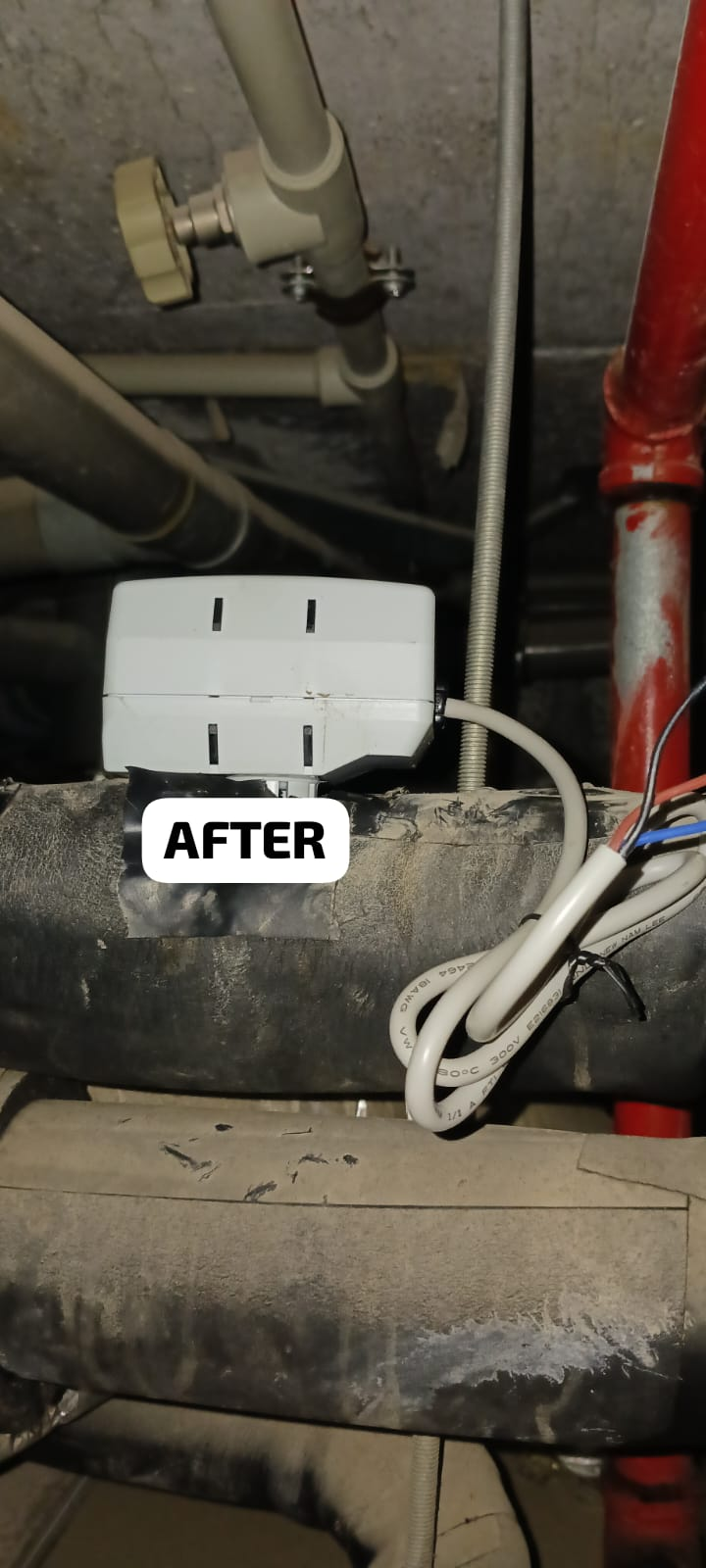 Rewrapped chilled-water valve actuator with fresh insulation tape