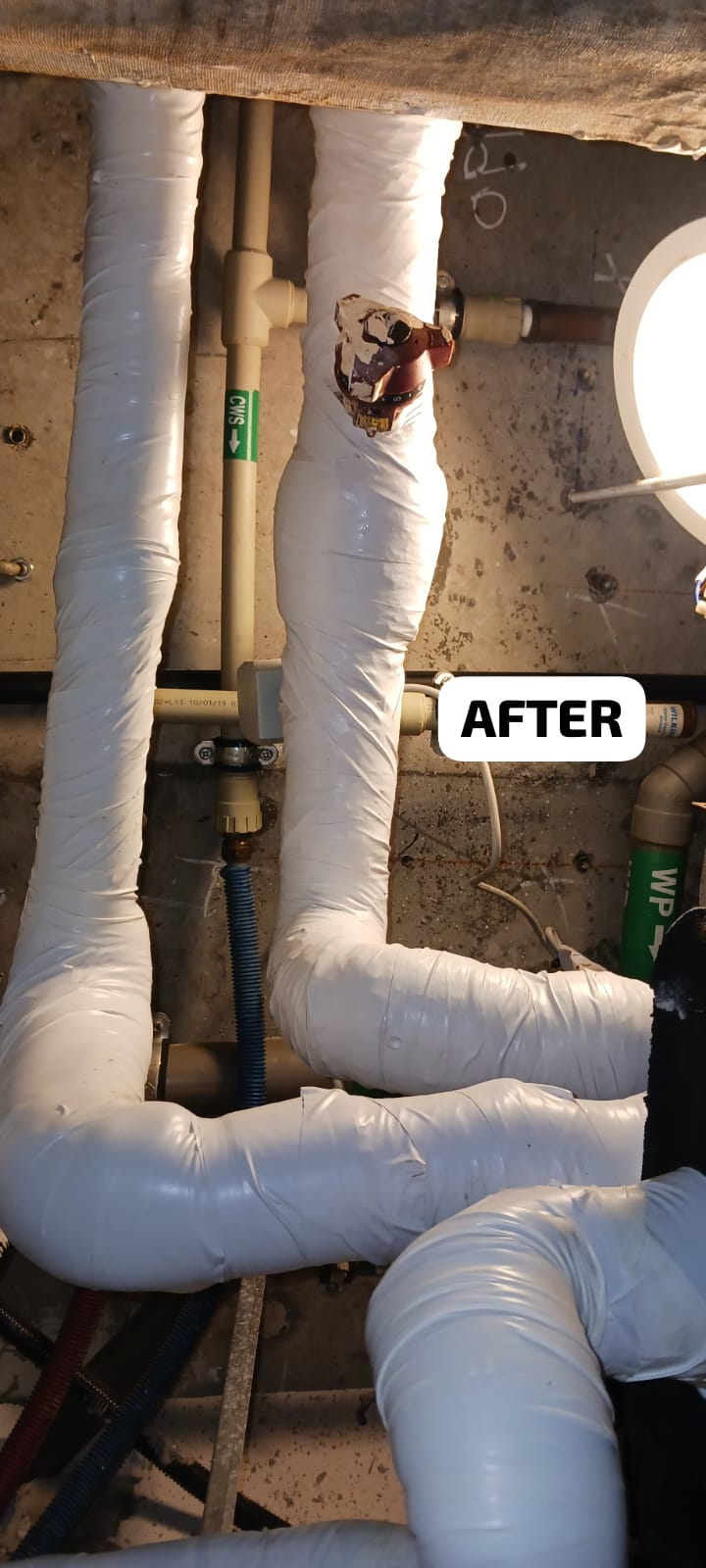 Chilled-water pipes reinsulated and sealed to prevent condensation