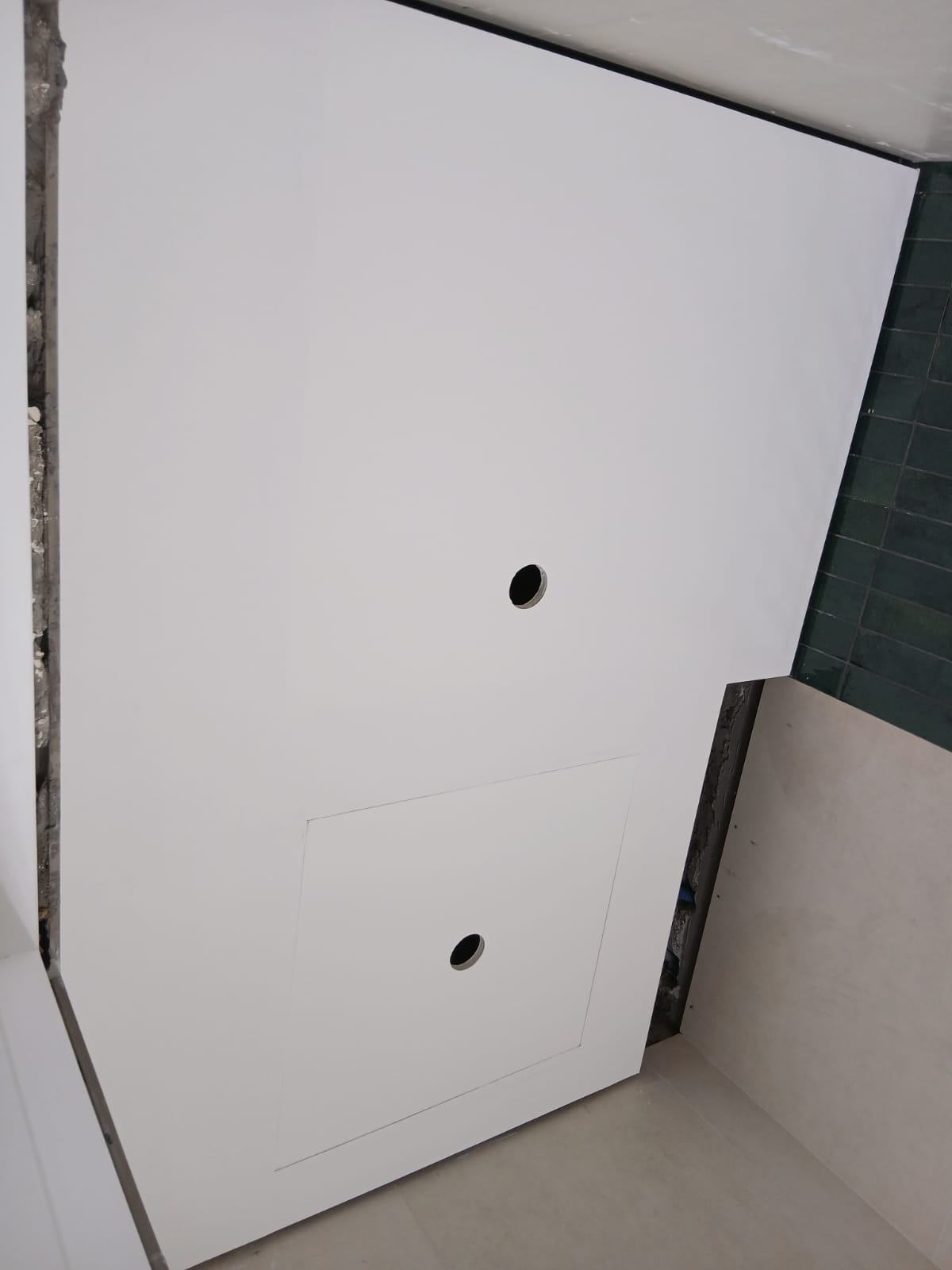 Finished gypsum ceiling with recessed access hatch